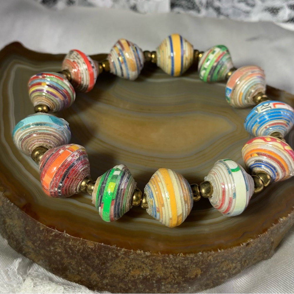 Multicolor Paper Wrapper handmade beaded Bracelet with Gold Accents